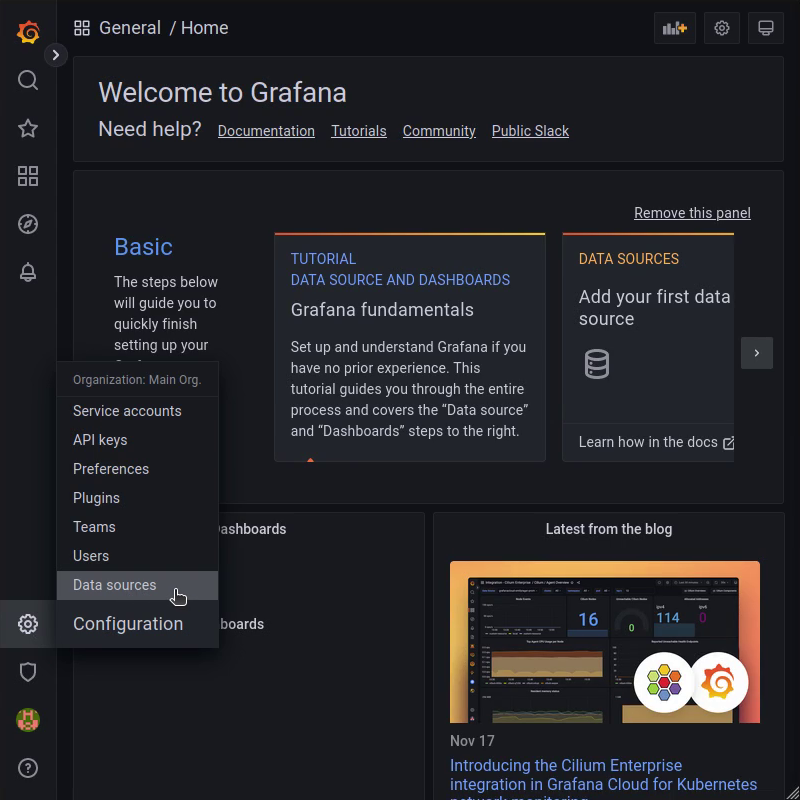 Grafana: &quot;Configuration&quot; menu with selected &quot;Data sources&quot; menuitem