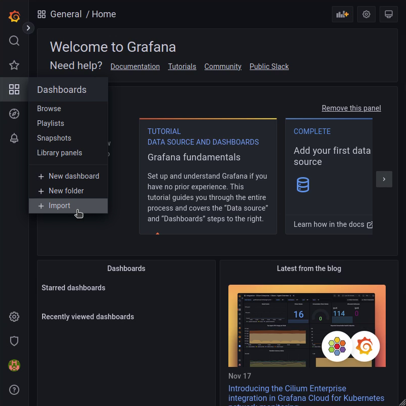 Grafana: &quot;Dashboards&quot; menu with selected &quot;+ Import&quot; menuitem