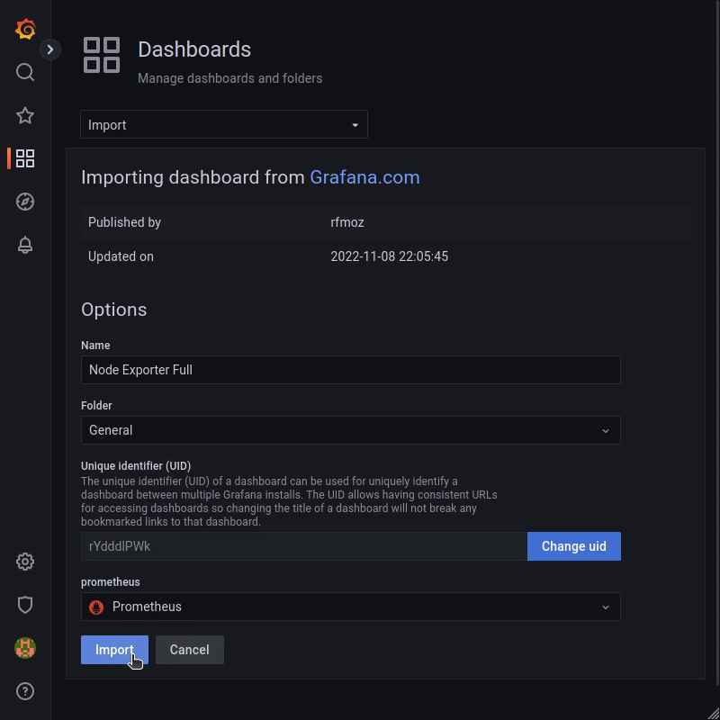 Grafana: Import dashboard &quot;Node Exporter Full&quot;